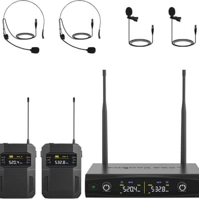 UHF Wireless Microphone System w/ 2x30 Tunable Frequencies, Metal Cordless Mic Set, 200 ft Range, 2 Bodypacks & Headsets/Lapel Mics for Speaking, Singing, Church, DJ image 1
