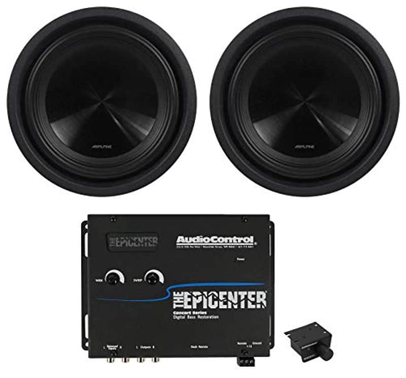 Alpine SWT-10S4 10" 1000W Peak/350W RMS Shallow Slim Truck Car Subwoofer Bundle with AudioControl The Epicenter Black Digital Car Bass Processor with Remote Audio Control image 1