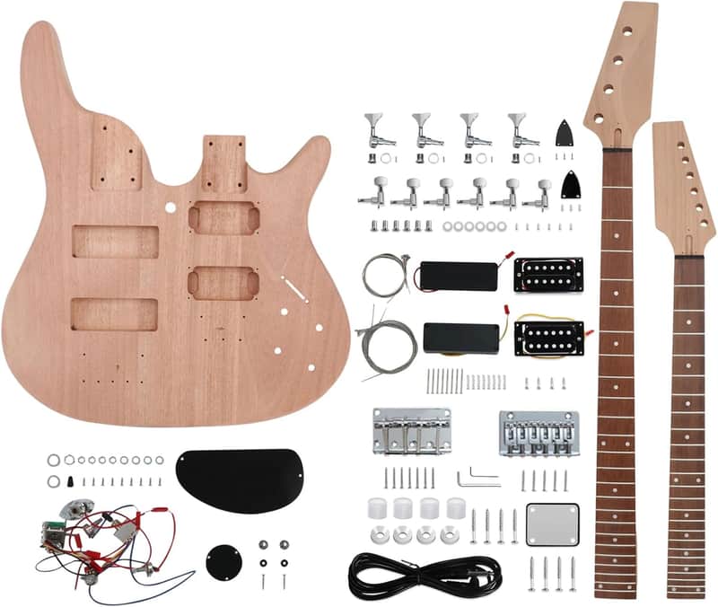 Double Neck DIY Electric Guitar and Bass Kit 6 String and 4 String Guitar Kit Right Handed with Mahogany Body Mahogany Neck Rosewood Fretboard Chrome Hardware Build Your Own Bass and Guitar. image 1