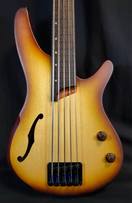 Ibanez SRH505F SR Workshop 5 String Fretless Semi Hollowbody Bass, Natural Browned Burst Flat image 1