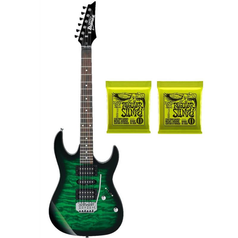 Ibanez GRX70QA GIO RX Series Electric Guitar (Transparent Emerald Green Burst) Plus 2 Sets of Ernie Ball Guitar Strings image 1