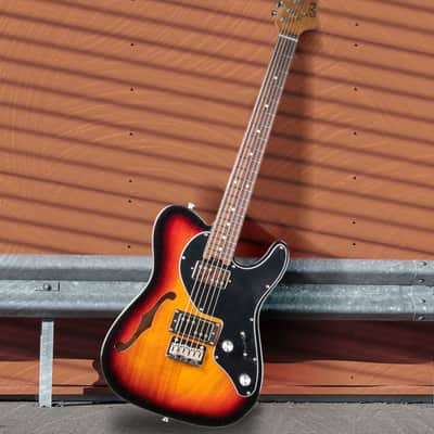 Eart Guitars, E-TT72 Semi Hollow Body Electric Guitars Humbucker Pickups Fixed Bridge LP3, Sunburst image 6