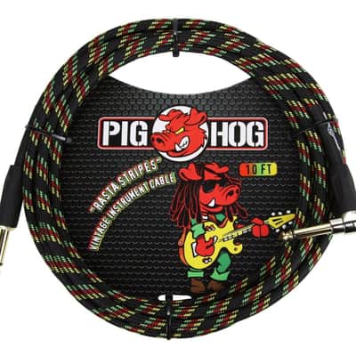 2 - Pack Pig Hog PCH10RAR 1/4" Straight to 1/4" Right-Angle Rasta Instrument Cable 10FT - NEW image 2