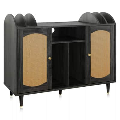 Record Player Stand & Vinyl Storage Cabinet – Mid-Century Modern Design, Brown with Wicker Rattan Doors image 6