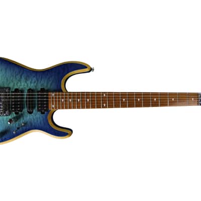 Bootlegger Guitar Royal Coil Split, HHH, Clear Blue Quilted Maple, Double Lock Tremolo , Case image 2