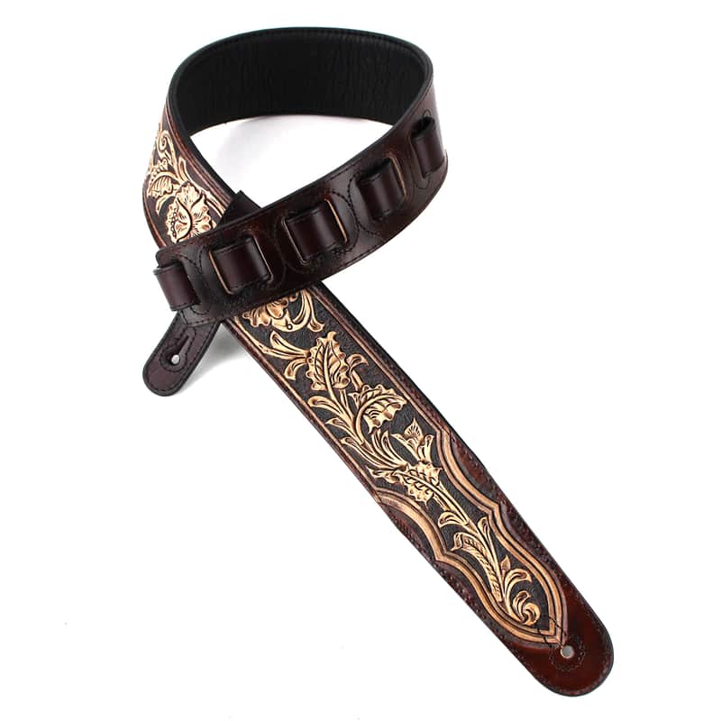 Walker And Williams KH-02-BRN Umber Brown Carving Leather Top W/ Tooled Floral Vine & Western Ends image 1