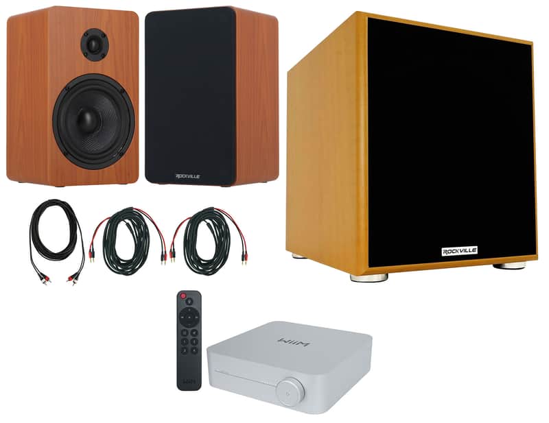(2) Rockville RockShelf 58C 5.25" Wood Bookshelf Speakers+Bluetooth/Wifi Amp+Sub image 1