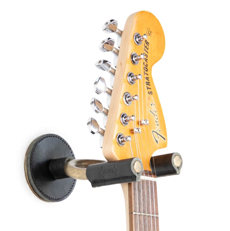 Levy's Leathers Forged Steel Guitar Hanger; Brass Metal with Black Veg-Tan Leather Yoke Wraps image 1