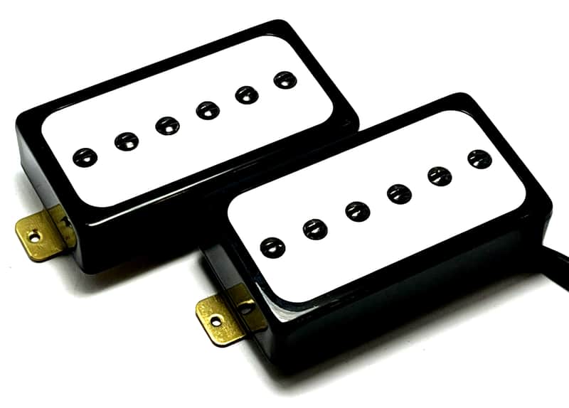 H90s ~ Humbucker Sized / Cased P90 Pickup Set, Bridge + Neck ~ Black Ring w/ White Inlay image 1