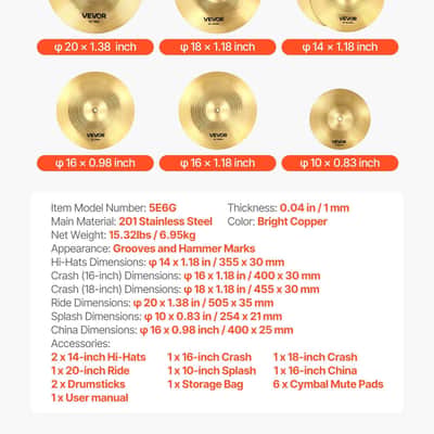 Cymbal Pack, 7 Pieces Cymbals for Drum Set, Alloy Cymbals Drum Set Includes 14" Hi-Hats, 16" Crash, 18" Crash, 20" Ride, 10" Splash, 16" China, Drumsticks & Cymbal Bag image 7