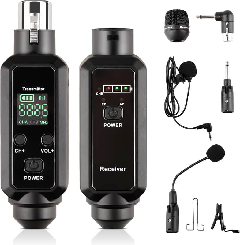 48V Phantom Power Wireless XLR System - 0V/5V/48V Switchable for Dynamic & Condenser Mics - UHF Audio Adapter with Lavalier & Instrument Microphone for Mixer PA DJ image 1