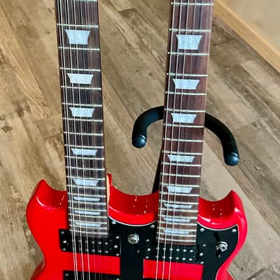 BadAax Double-Neck SG Electric Guitar w/ Gig Bag - Red image 3