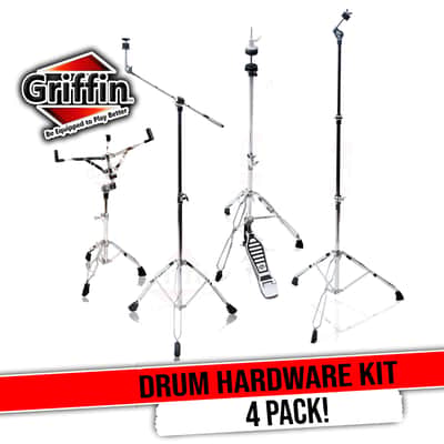 GRIFFIN 4 Piece Drum Hardware Pack (Percussion TiltPro X Edition) – Cymbal Boom & Straight Stand, Hi-Hat Pedal & Snare Mount – Lightweight Set for Gigs image 1