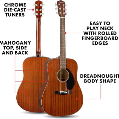 Fender Acoustic Guitar, CD-60S, with 2-Year Warranty, Dreadnought Classic Design with Rounded Walnut Fingerboard, Glossed Finish, All-Mahogany Construction image 4