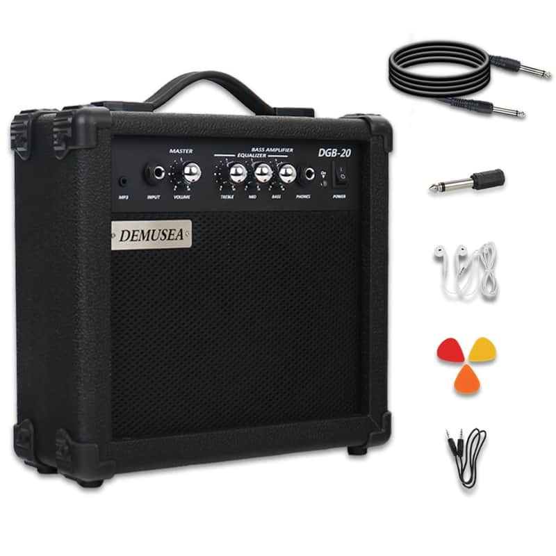 Demusea 20W Electric Bass Amplifier Black Bass Amp Portable Travel Beginner Practice Headphone Jack Aux Treble Middle Bass Mp3 with 3m Noiseless Cable Adapter Picks Aux Cable Earphone image 1