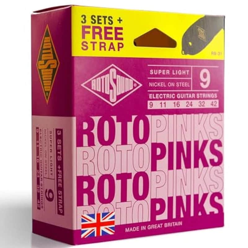 Rotosound Electric Guitar String 9-42 Pinks 3 Set Pack + FREE STRAP. image 1