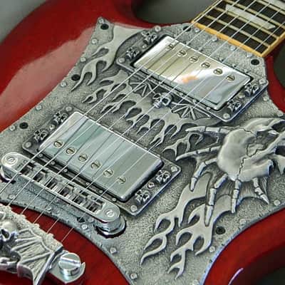 solid metal skull pickguard for Gibson SG guitar custom hand made in USA special image 5