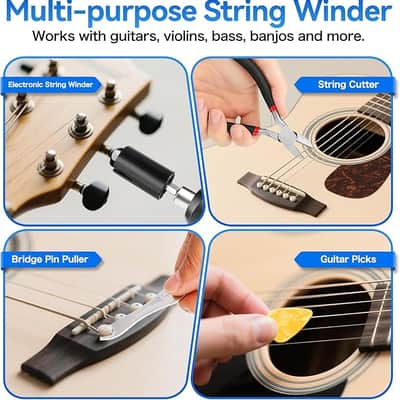200RPM Electric String Winder,Rechargeable Automatic Guitar Winding Tuner for Stringed Instrument,Guitar Tool Set with LED Light,String Cutter,Bridge Pin Puller,10 Screwdriver Bits,6 Guitar Picks image 2
