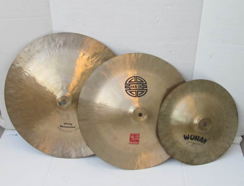 WUHAN CHINA CYMBALS x 3 (18”, 16”, 12”) - 1 CRACKED, 2 ARE GOOD. HAN CHI WORLD PERCUSSION CHINESE READ image 1