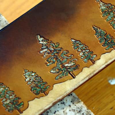 Burny Black Custom Guitar Strap - Pine trees Forest - Vegitable tanned leather For Acoustic or Electric Guitars made to order - oil image 5