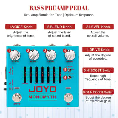 JOYO Bass Preamp & DI Guitar Pedal, 6-Band Graphic EQ with Blend/Voice/Drive Control, Treble & Gain Boost, XLR DI Out & Cab Sim, Bypass (MONOMYTH R-26) image 2
