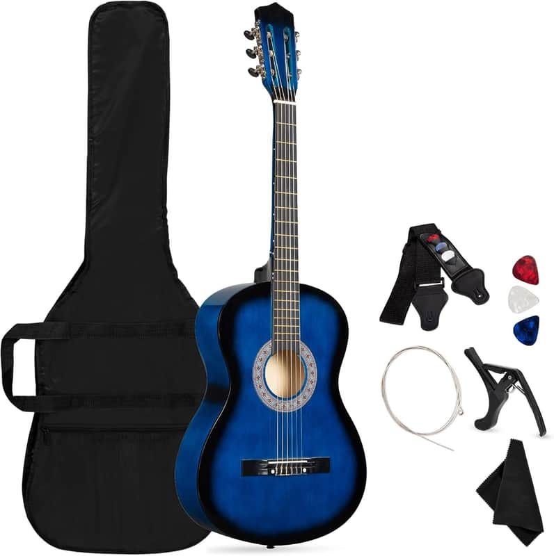 38in Beginner All Wood Acoustic Guitar Starter Kit w/Gig Bag, 6 Picks, Nylon Strings, Strap w/Pick Holder - Blue image 1