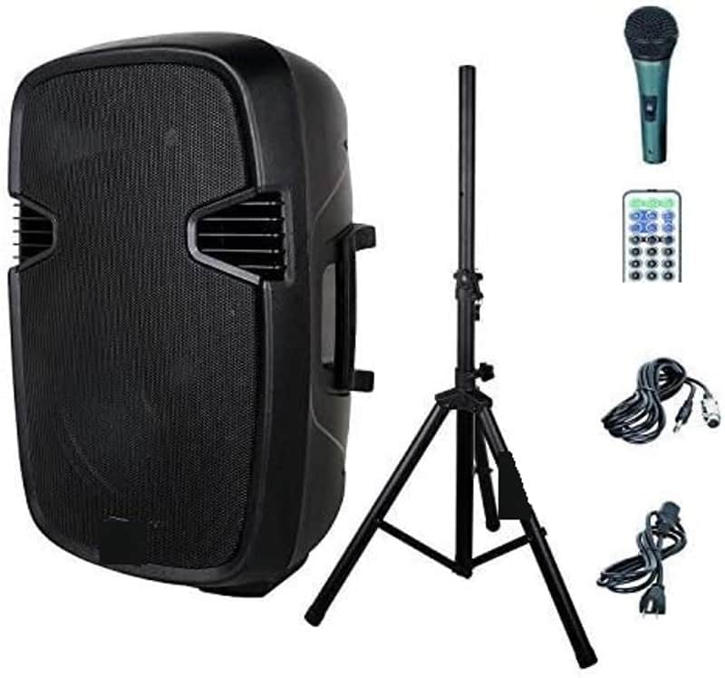Portable 15-inch 600 Watt 2-Way Powered Dj/PA Speaker with Bluetooth/USB/SD Card Reader/FM Radio/Remote Control/LED Light/Speaker Stand, Black image 1