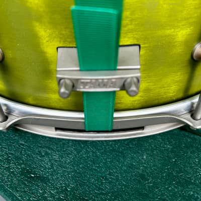 Custom Snare Drum 6” x 13” Maple and Bubinga shell 1999 - Retro funky distressed green image 10