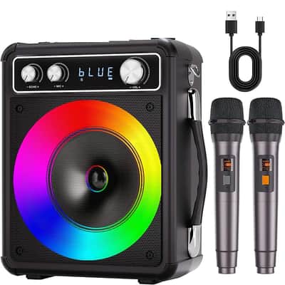 Karaoke Machine, Portable Bluetooth Karaoke Speaker with 2 Wireless Microphones, PA System for Adults Kids with LED Lights, Supports REC/FM/AUX/USB/TF for Home Party image 1