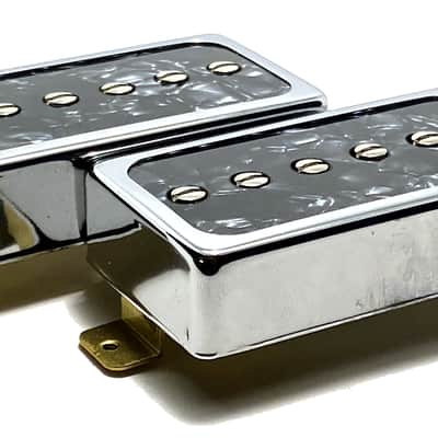 Dragonfire H90s - Humbucker Sized / Cased P90 Pickup Set, Bridge + Neck, Chrome Ring w/ Black Pearl Inlay image 2