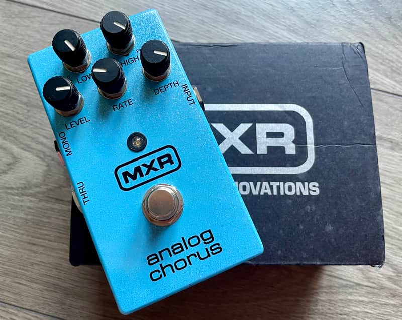 Blue MXR analog chorus pedal with knobs and footswitch.