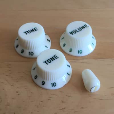 Fender American Vintage White Green Font Reissue Strat 3 Knobs Complete Set + Tip Pale Mint image 1
