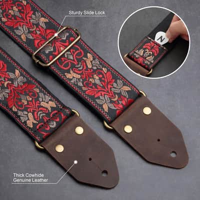 Guitar Strap,Jacquard Embroidery Cotton Guitar Straps with Crazy Horse Leather Leather Ends for Bass, Electric & Acoustic, Best Gifts for Kids, Guitarists(Retro Red Flower) image 2