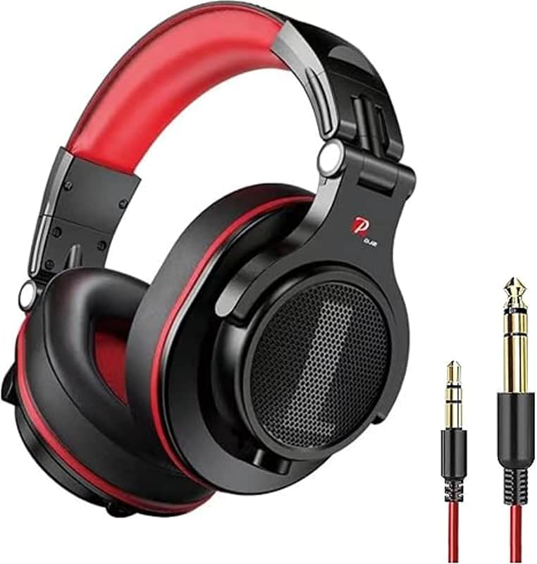 Over Ear Headphone, Wired Bass Headset with 40mm Driver, Foldable Lightweight Headphones with Shareport and Mic for Recording Monitoring Mixing Podcast Guitar PC TV (Black Red) image 1