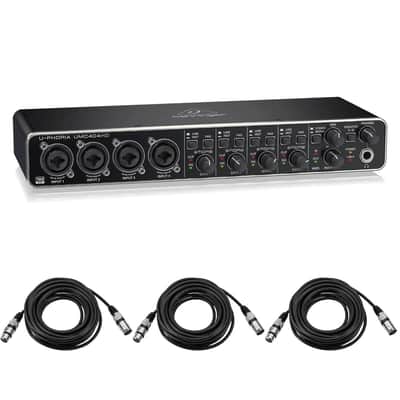 Behringer Behringer U-PHORIA UMC404HD Audiophile 4x4, USB Audio/MIDI Interface with MIDAS Mic Preamplifiers - With 10' Stereo 3.5mm Mini Male to Two Mon -1/4in Phone Plugs, Y-Cable, 3-Pk 20' 8mm XLR Mic Cable