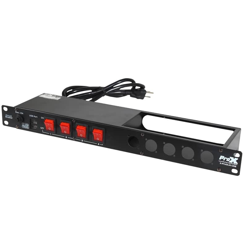 ProX 1U 15Amp 4 Channel Circuit Breaker Switch Panel w 2 USB & 5 Punched Spaces image 1