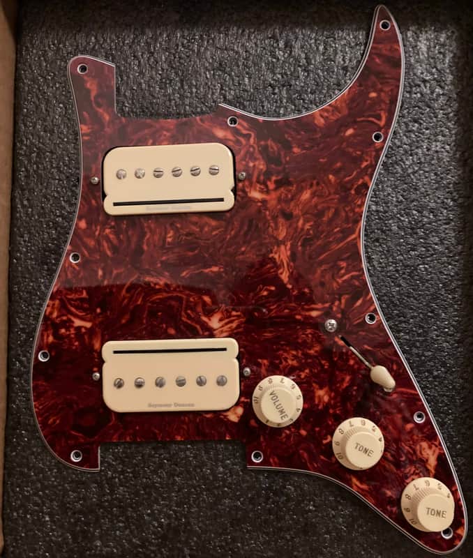 920D Custom Seymour Duncan P-Rails HH Trembucker On Bridge Treble Bleed Loaded Strat Pickguard - Tortoise Shell/Aged White image 1