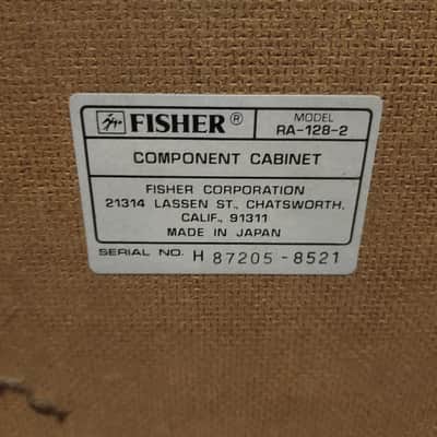 Vintage Fisher RA-128-2 Stereo Cabinet Wood Laminate Glass Door Open Top Wheels image 9