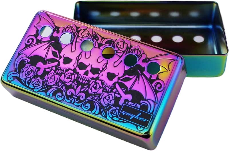 Humbucker Pickup Cover (50mm/52mm Pole Spacing) – Cupronickel Bridge and Neck Pickups Frame Set Replacement Parts for Les Paul LP Style Electric Guitar, Three Skull Pattern, Rainbow Chameleon image 1
