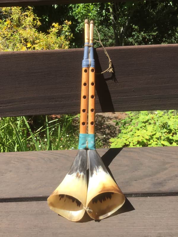 No Name Zumare Albanian Double Folk Clarinet With Cow Horn Double Bells 1970's - 80's - Natural Bamboo, Reed, Cow / Bull Horns and Vinyl Binding image 1