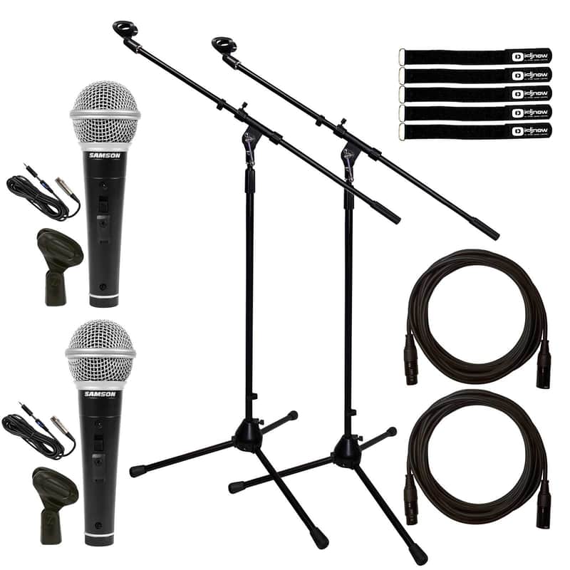 Handheld Dynamic Vocal Microphone w XLR 1/4" Cable Clip On/Off Switch & Stand 2pk image 1
