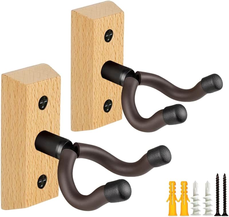 Guitar Wall Mount Hanger, Nature Wood Hanger, Strurdy Guitar Holder Hook, Fits Acoustic, Classic Guitar, Electric Bass, Cello, Violin, Banjo, Mandolin,Hardwood Made (2-Pack) image 1