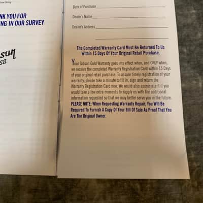 Gibson Warranty Card & Les Paul Inspection Tag 1998 image 6