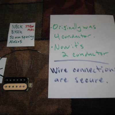 litely reliced player's wear StewMac Neck Humbucker Reverse Zebra (screws on black/flat poles on creme) 8.42k, Alnico 5, 50mm pole spacing, item # 101549 2000s-2010s, +screws/springs (orig 4 conductor wire shortened & 2 conductor wire added, Now 2 con) image 2