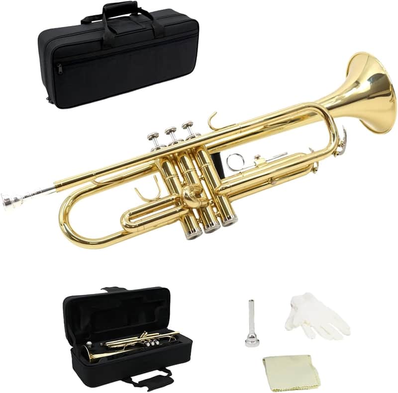 Trumpet Set For Beginners & Students, Portable Hard Case, Mouthpiece, Cleaning Kit Includes Gloves & More, 460” Bore, Brass, Nickel-Plated Valves image 1