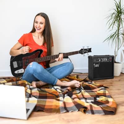 New 2022 Glarry GIB Bass Guitar 4 String Red Pearl Guard w/20W Amplifier Black image 8