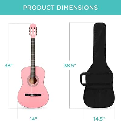 38in Beginner All Wood Acoustic Guitar Starter Kit w/Gig Bag, 6 Picks, Nylon Strings, Strap w/Pick Holder - Pink image 2