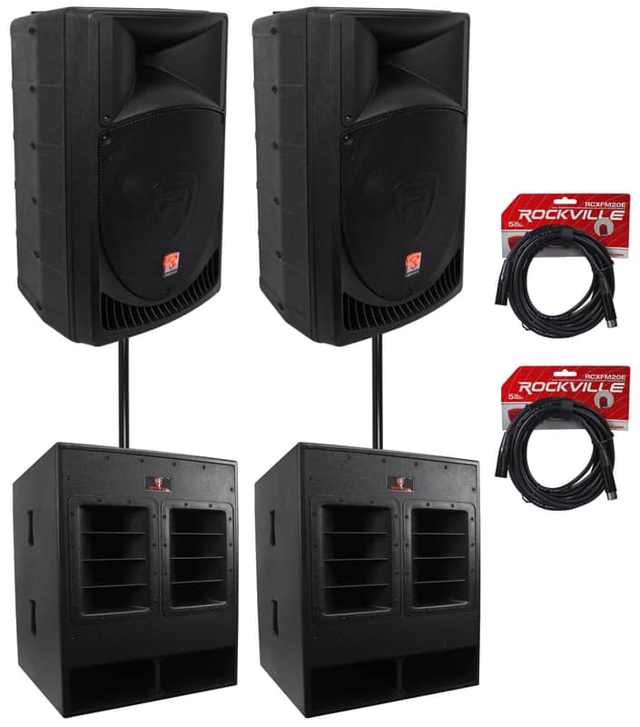 (2) Rockville RPG15 15" Powered 1000W DJ/PA Speakers+ 18" Subs+Poles+Cables image 1