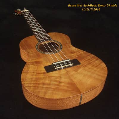 Handmade Tenor Ukulele, Solid Curly Hawaiian Koa, Curly Maple Arch-Back, MOP Floral Inlay, Bruce Wei UAG17-2016 image 9