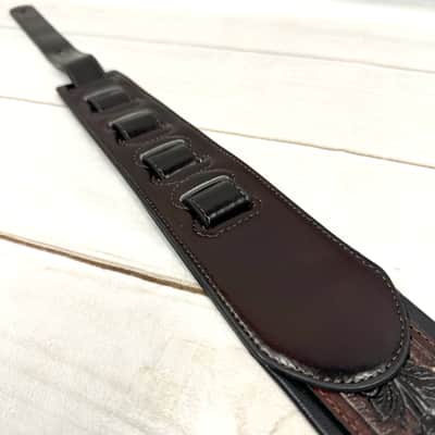 Walker and Williams KB-02-BT Oxblood Brown Carving Leather Padded Guitar Strap With Black Floral Skull & Cross For All Guitars And Basses image 9